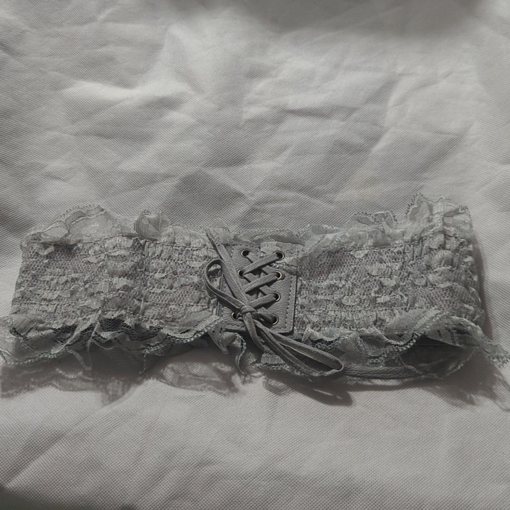 Silver Grey Lace Faux Leather Lace Up Stretchy Statement Waist Cincher Belt